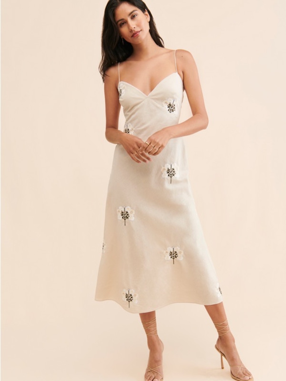 Sachin + Babi Oatmeal Line Floral-Embroidered Spaghetti Strap Midi Dress